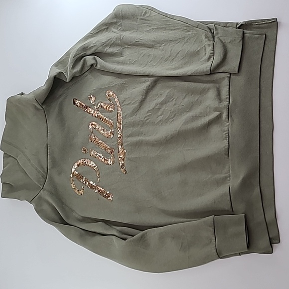 PINK Victoria's Secret Olive Green Gold Sequined Logo Fleece Hoodie - Size Large - Picture 2 of 14